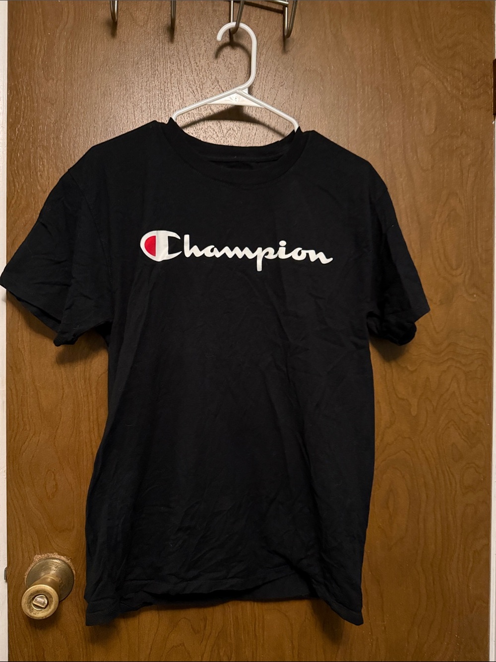 Champion Black Logo Short Sleeve Tee with White Script and Red Accent M